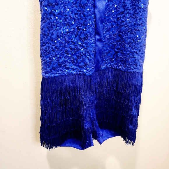 WEISSMAN Vibrant Blue Sequin Halter Romper Dance Wear with Fringe Size LA - Picture 5 of 12